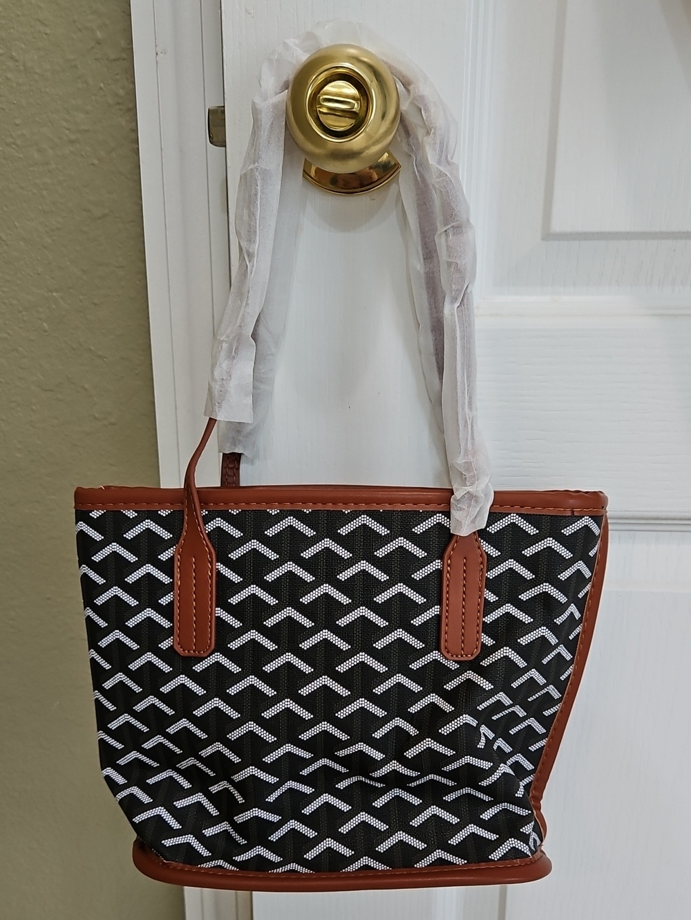 Brown Trim Black Patterned Mini Tote Bag